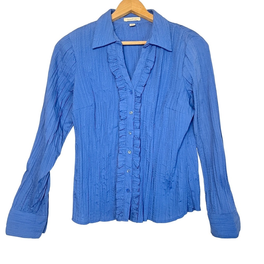 Brina & Em Women's Large Blue Retro Ruffle Button Front Blouse Top 70s